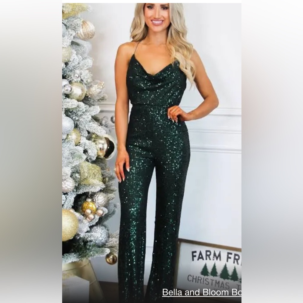 Emerald Green sequin jumpsuit Bella and Bloom